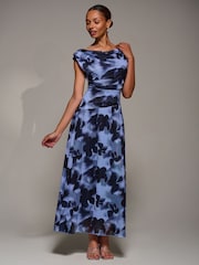 Jolie Moi Light  Blue Asymmetric Draped Mesh Maxi Dress - Image 6 of 6