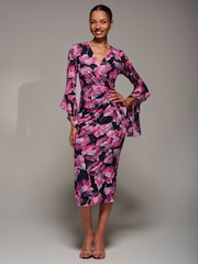 Jolie Moi Pink Ruffle Sleeve Ruched Mesh Bodycon Dress - Image 1 of 6