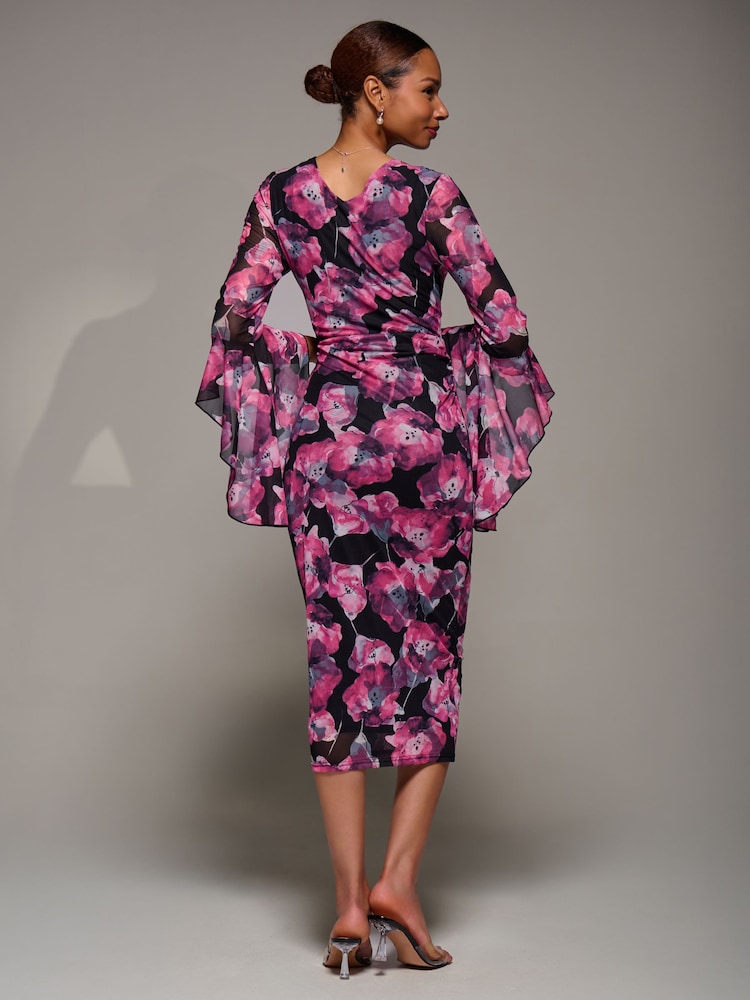 Jolie Moi Pink Ruffle Sleeve Ruched Mesh Bodycon Dress - Image 2 of 6 Jolie Moi Pink Ruffle Sleeve Ruched Mesh Bodycon Dress - Image 2 of 6