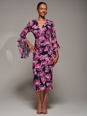 Jolie Moi Pink Ruffle Sleeve Ruched Mesh Bodycon Dress - Image 4 of 6