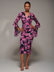 Jolie Moi Pink Ruffle Sleeve Ruched Mesh Bodycon Dress - Image 5 of 6