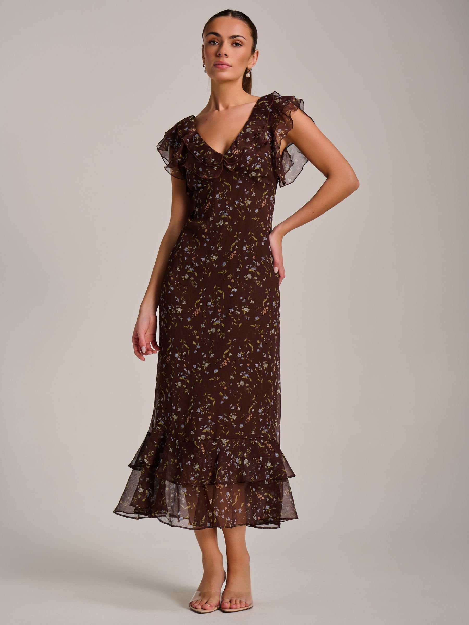 Buy Jolie Moi Brown Ruffle V-Neckline Chiffon Midaxi Dress from