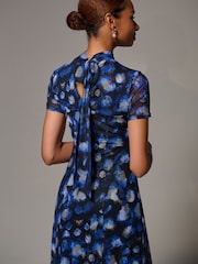 Jolie Moi Blue Turtle Neckline Mesh Maxi Dress - Image 6 of 6