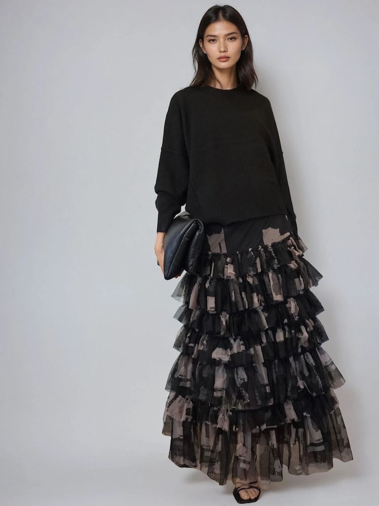 Religion Black Myla Maxi Skirt In Soft Tulle Layers In Abstract Façade Print - Image 1 of 6