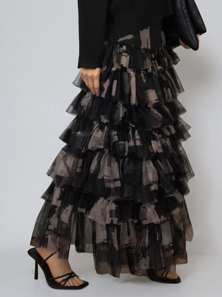 Religion Black Myla Maxi Skirt In Soft Tulle Layers In Abstract Façade Print - Image 2 of 6