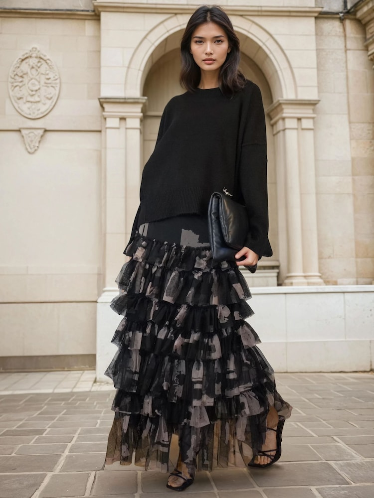 Religion Black Myla Maxi Skirt In Soft Tulle Layers In Abstract Façade Print - Image 6 of 6