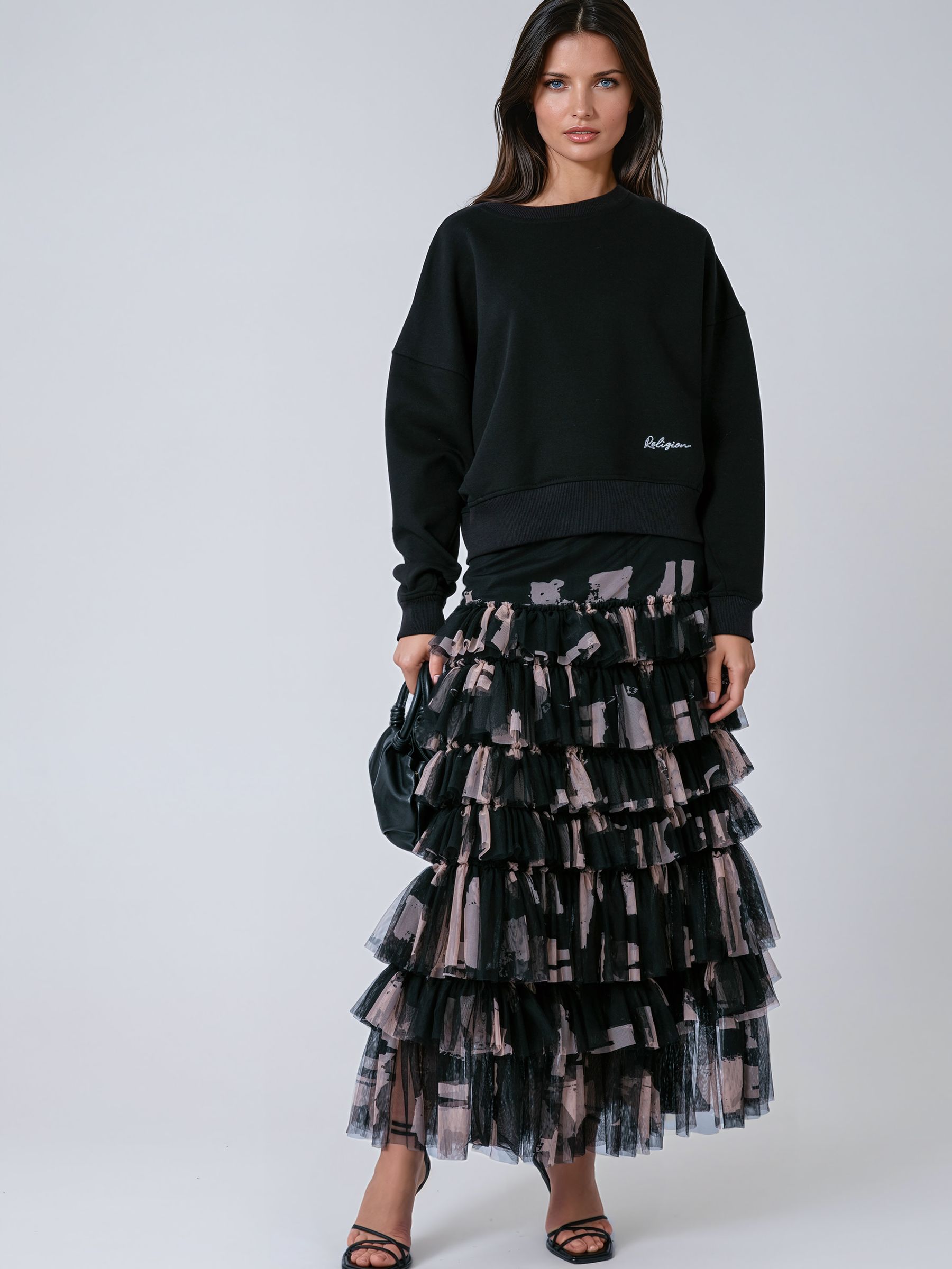 Buy Religion Black Myla Maxi Skirt In Soft Tulle Layers In