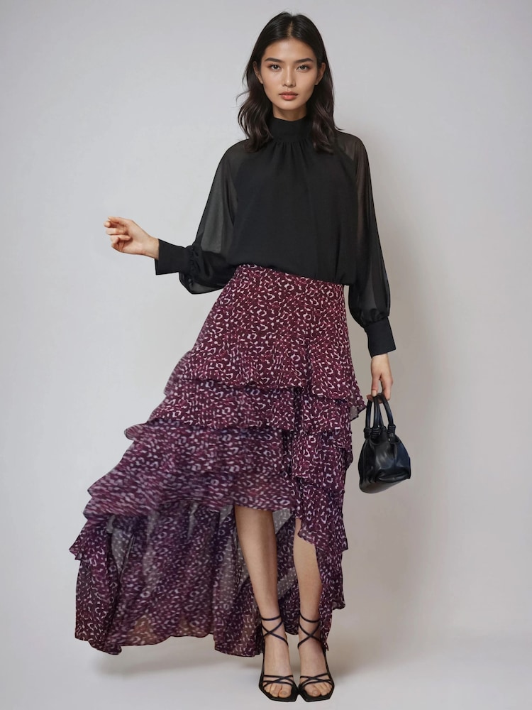 Religion Red High Low Fae Ruffle Skirt in Port Polka Dot Print - Image 1 of 6 Religion Red High Low Fae Ruffle Skirt in Port Polka Dot Print - Image 1 of 6