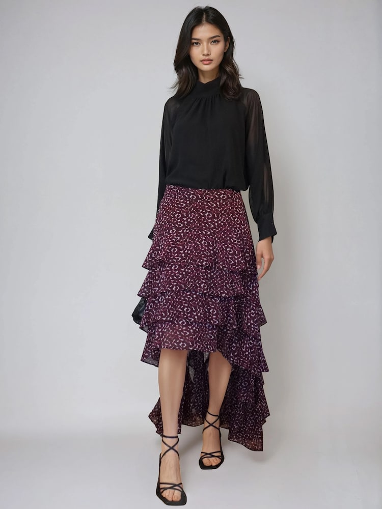 Religion Red High Low Fae Ruffle Skirt in Port Polka Dot Print - Image 2 of 6 Religion Red High Low Fae Ruffle Skirt in Port Polka Dot Print - Image 2 of 6