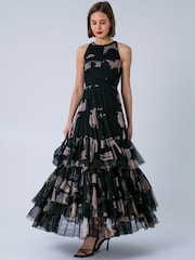 Religion Black Full skirt Myla Maxi dress in abstract Façade print on soft mesh - Image 3 of 6
