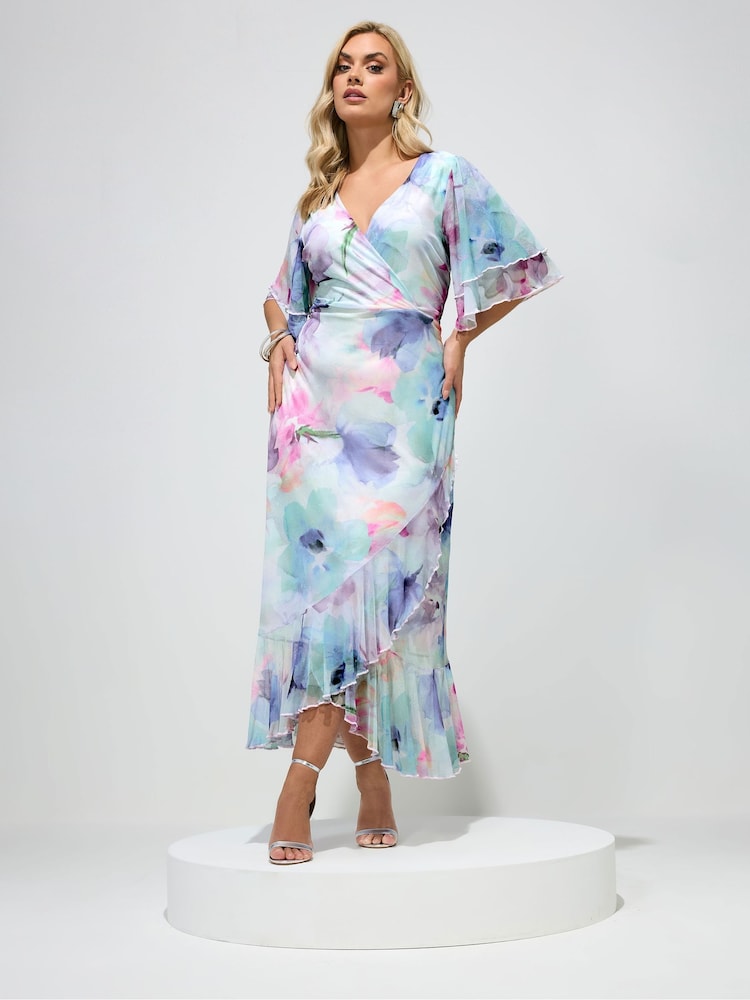 Yours Curve Blue London Wrap Ruffle Mesh Dress - Image 2 of 5