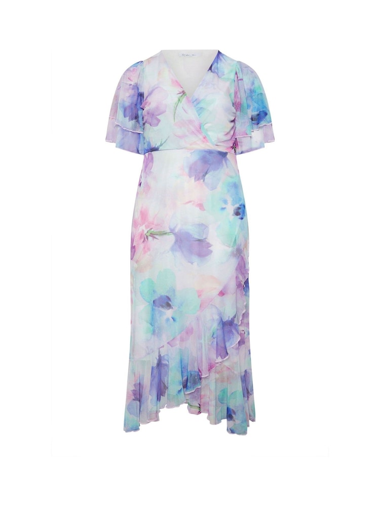 Yours Curve Blue London Wrap Ruffle Mesh Dress - Image 5 of 5