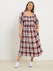 Yours Curve Red Shirred Square Neck Dress - Image 1 of 5