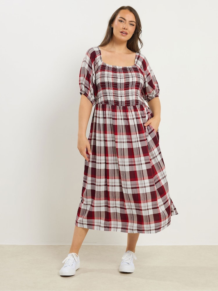 Yours Curve Red Shirred Square Neck Dress - Image 1 of 5