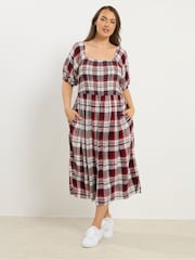 Yours Curve Red Shirred Square Neck Dress - Image 3 of 5