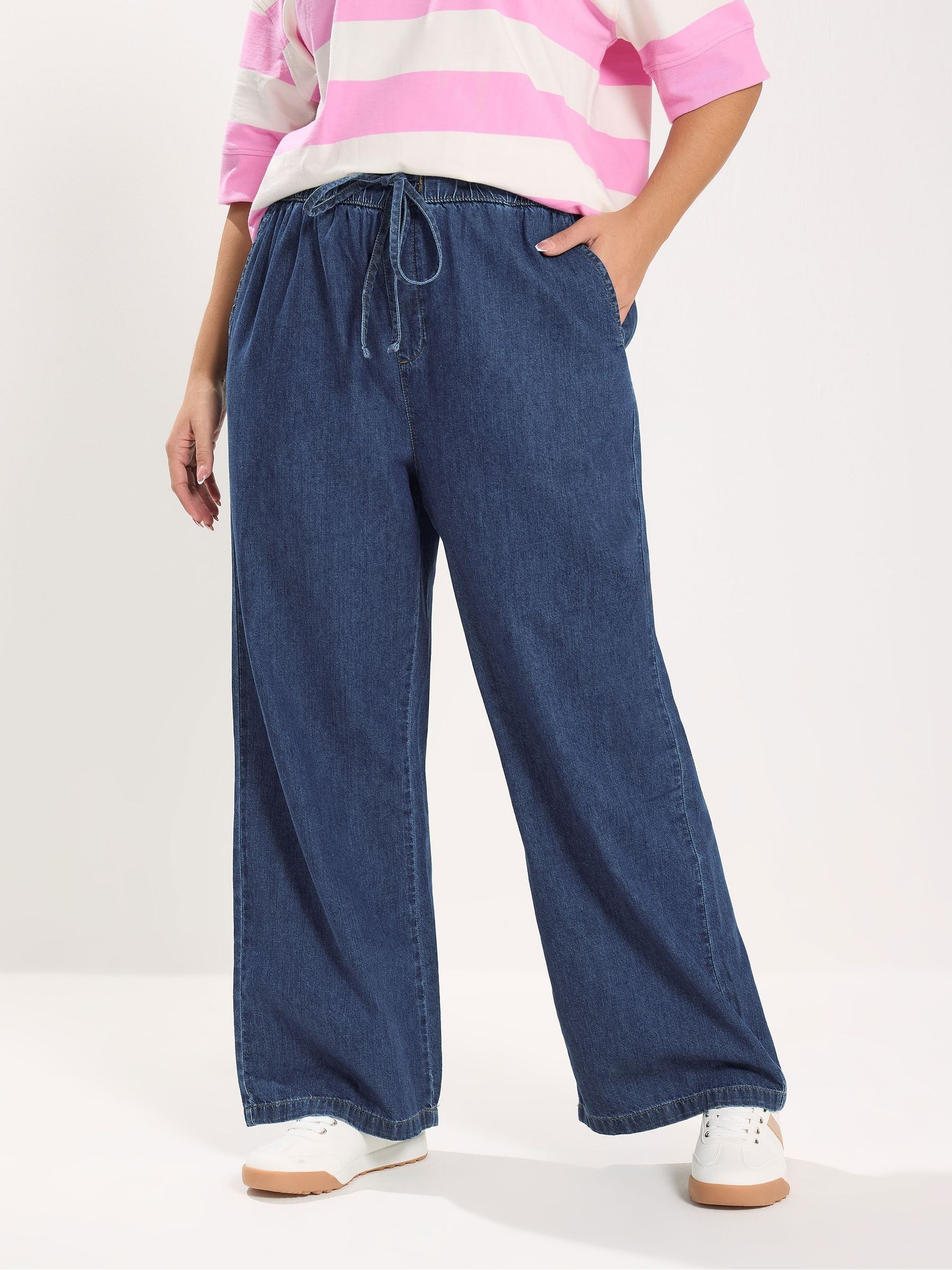 Yours Curve Women's Blue Pull On Wide Leg Jeans