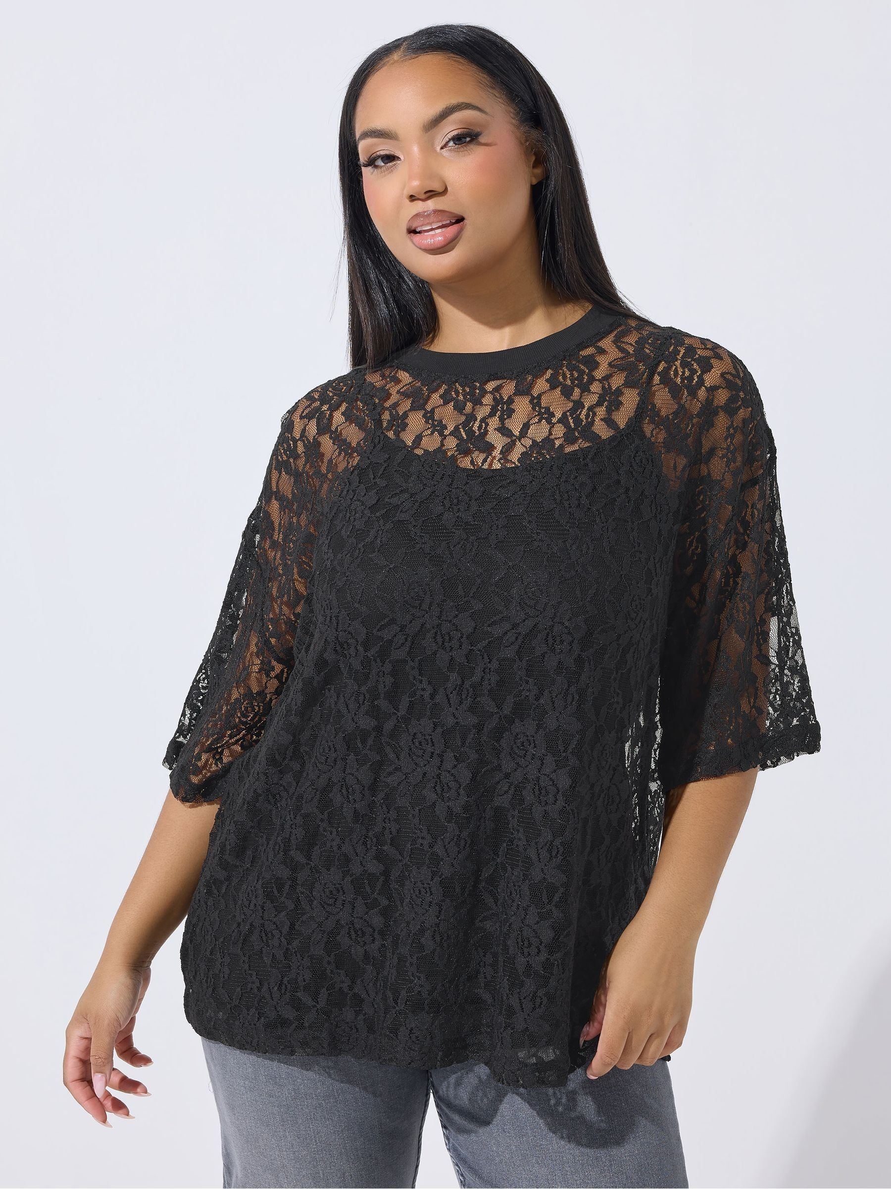 Yours Curve Women's Black Limited All Over Lace T-Shirt