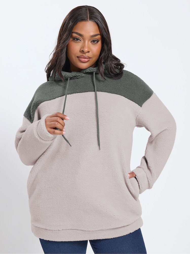 Yours Curve Grey Colour Block Teddy Hoodie - Image 1 of 5