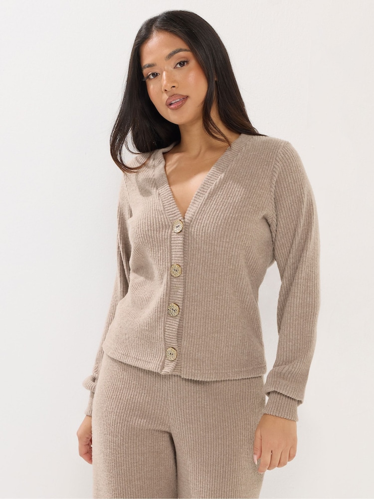 PixieGirl Petite Brown Soft Touch Fine Ribbed Cardigan - Image 1 of 5