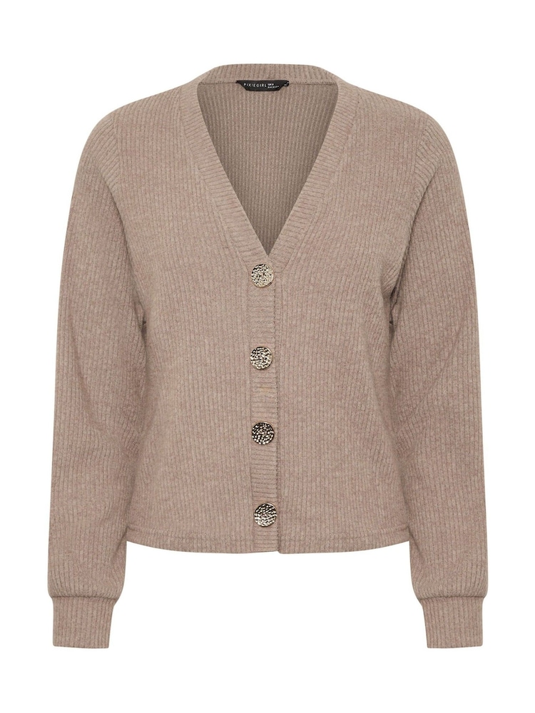 PixieGirl Petite Brown Soft Touch Fine Ribbed Cardigan - Image 5 of 5