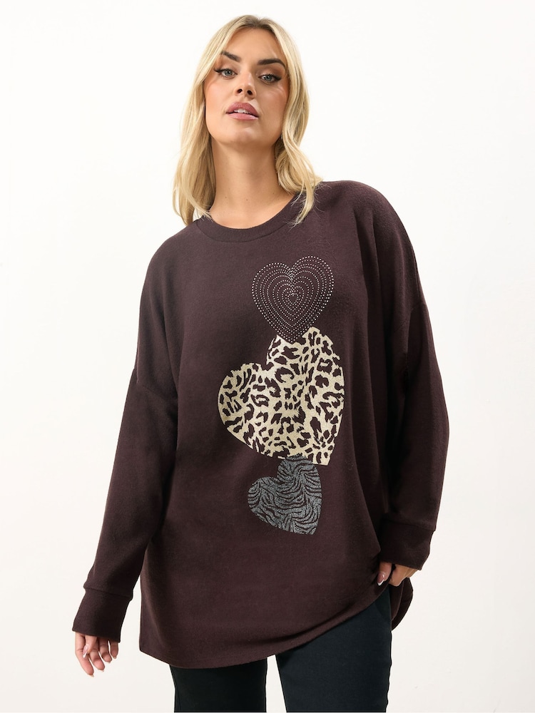 Yours Curve Brown Placement Animal Heart Jumper - Image 1 of 5