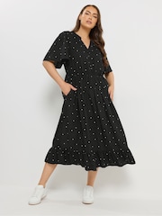 Yours Curve Black Spot Half Placket Dress - Image 1 of 5
