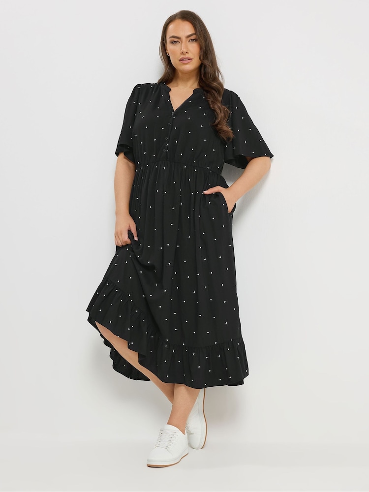 Yours Curve Black Spot Half Placket Dress - Image 2 of 5 Yours Curve Black Spot Half Placket Dress - Image 2 of 5