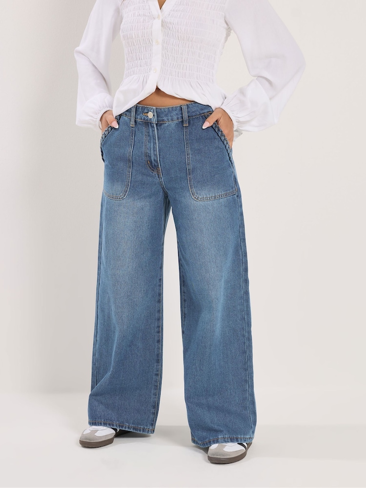PixieGirl Petite Blue Plait Pocket Wide Leg Jeans - Image 2 of 5