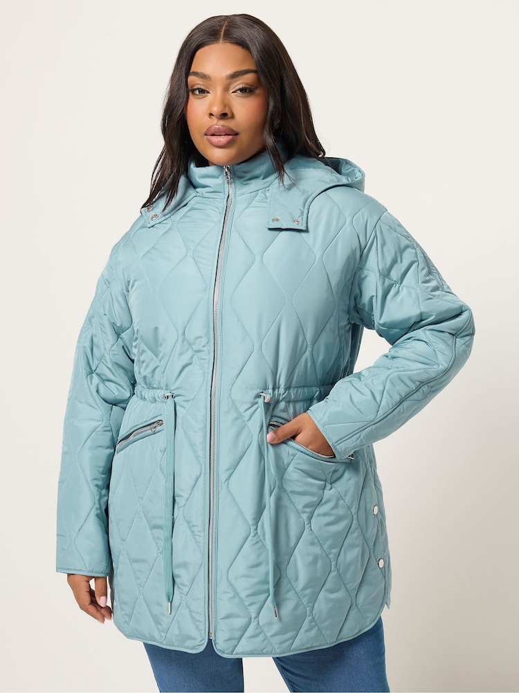 Yours Curve Blue Lightweight Diamond Quilted Midi Jacket - Image 1 of 5 Yours Curve Blue Lightweight Diamond Quilted Midi Jacket - Image 1 of 5
