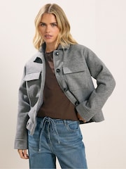 PixieGirl Petite Grey Faux Wool Trucker Jacket - Image 1 of 5