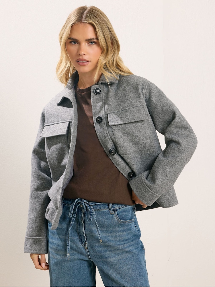 PixieGirl Petite Grey Faux Wool Trucker Jacket - Image 1 of 5