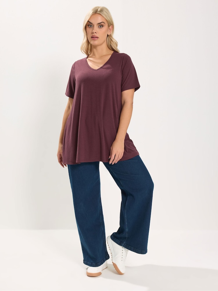 Yours Curve חולצה בסגנון סווינג מבד ריב עם צווארון וי - תמונה 2 מתוך 5