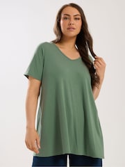 Yours Curve Green V-Neck Plunge Ribbed Swing Top - Image 1 of 5