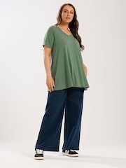 Yours Curve Green V-Neck Plunge Ribbed Swing Top - Image 2 of 5