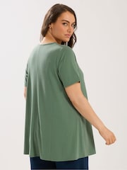 Yours Curve Green V-Neck Plunge Ribbed Swing Top - Image 3 of 5