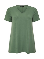 Yours Curve Green V-Neck Plunge Ribbed Swing Top - Image 5 of 5