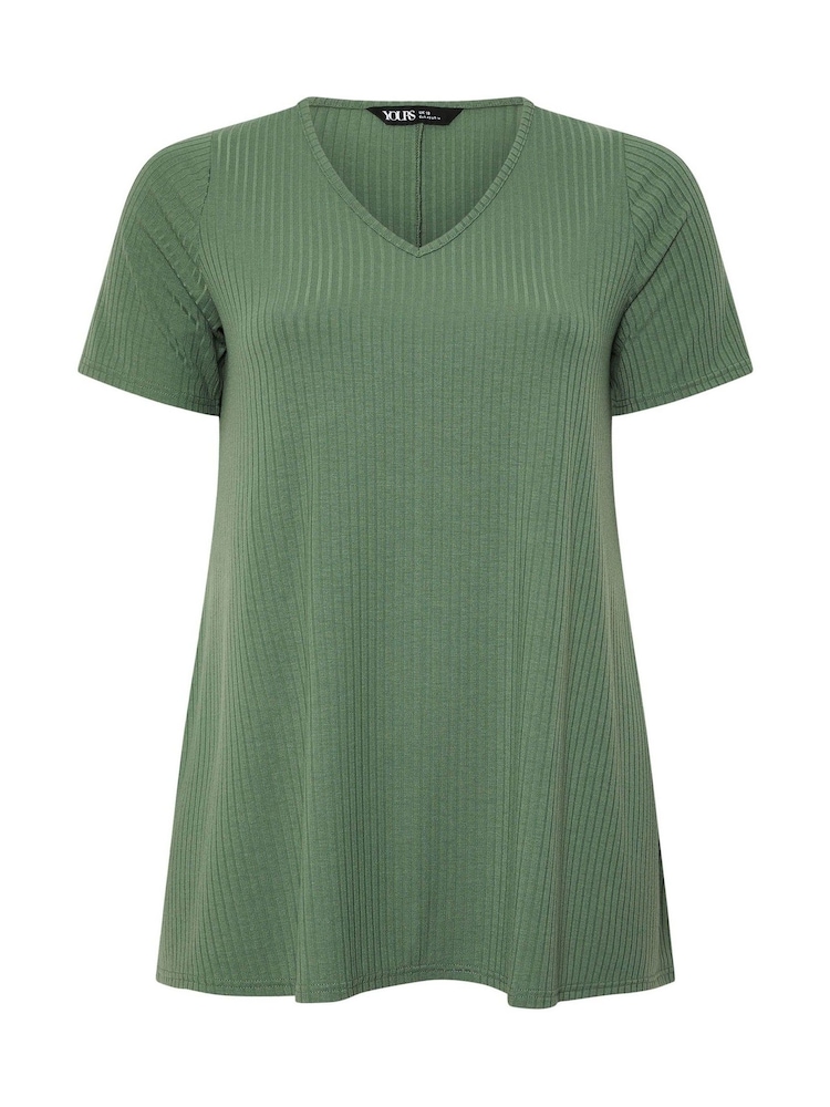 Yours Curve Green V-Neck Plunge Ribbed Swing Top - Image 5 of 5