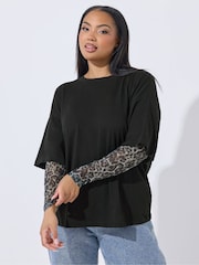 Yours Curve Black Limited Leopard Mesh Insert T-Shirt - Image 1 of 5