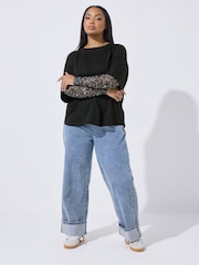 Yours Curve Black Limited Leopard Mesh Insert T-Shirt - Image 2 of 5