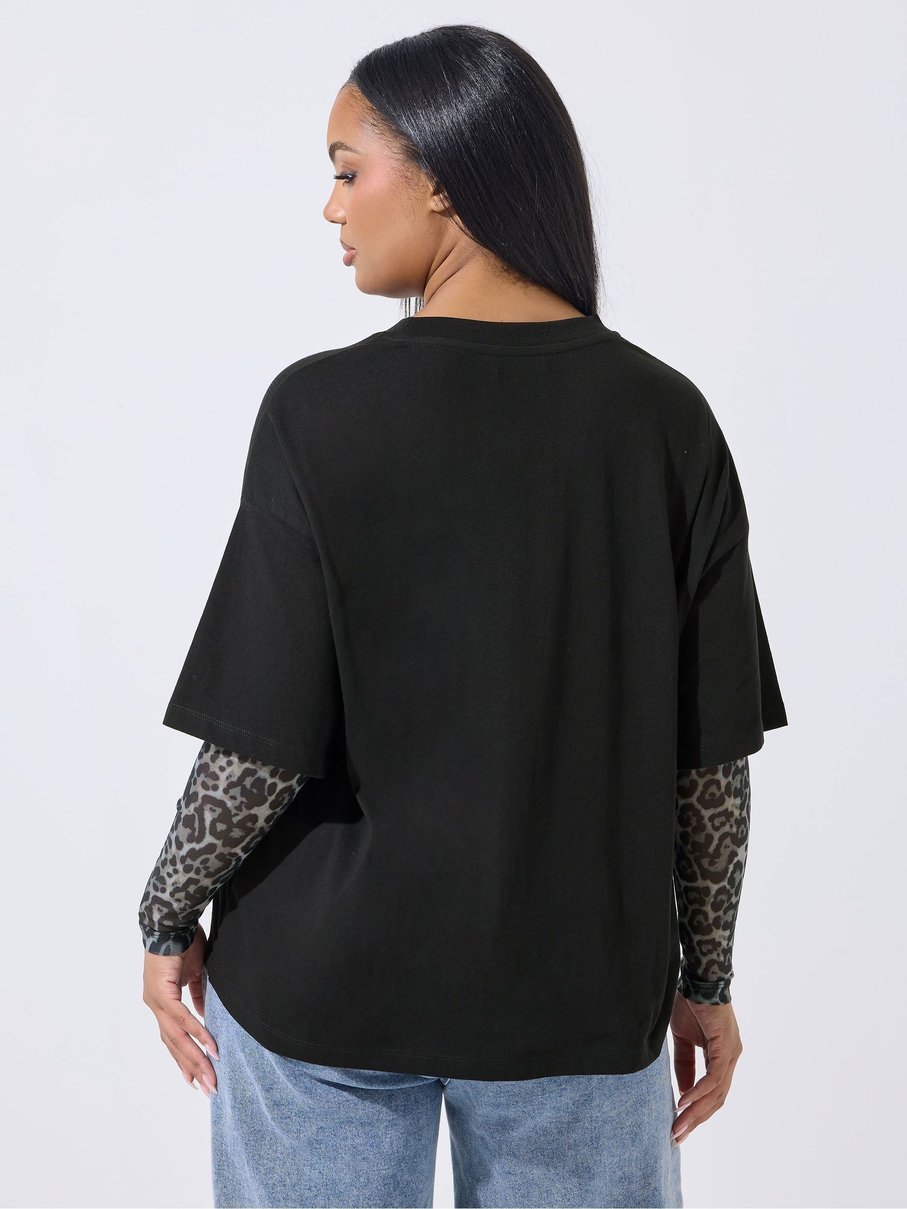 Buy Yours Curve Black Limited Leopard Mesh Insert T-Shirt from