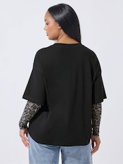 Yours Curve Black Limited Leopard Mesh Insert T-Shirt - Image 3 of 5