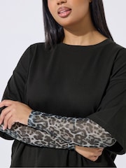 Yours Curve Black Limited Leopard Mesh Insert T-Shirt - Image 4 of 5