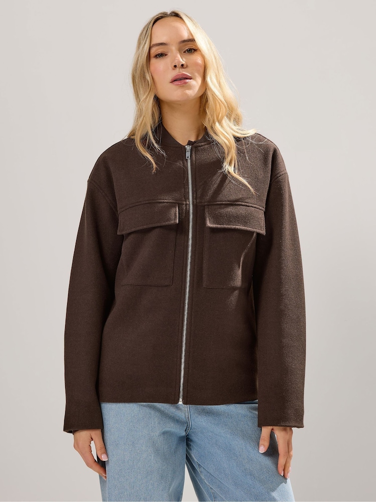 Long Tall Sally Brown Cosy Bomber Jacket - Image 1 of 5 Long Tall Sally Brown Cosy Bomber Jacket - Image 1 of 5