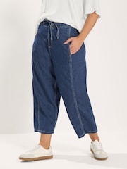Yours Curve Blue Cropped Barrel Leg Jeans - Image 1 of 5