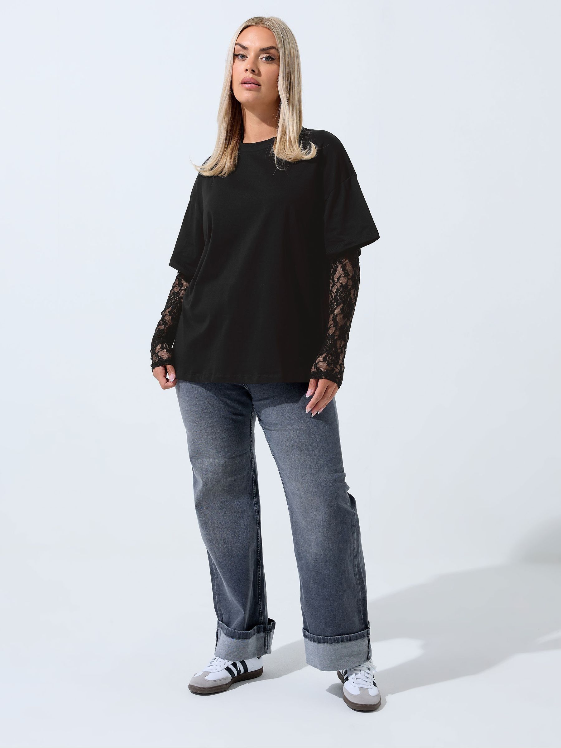 Buy Yours Curve Black Limited Lace Sleeve T-Shirt from the Next UK