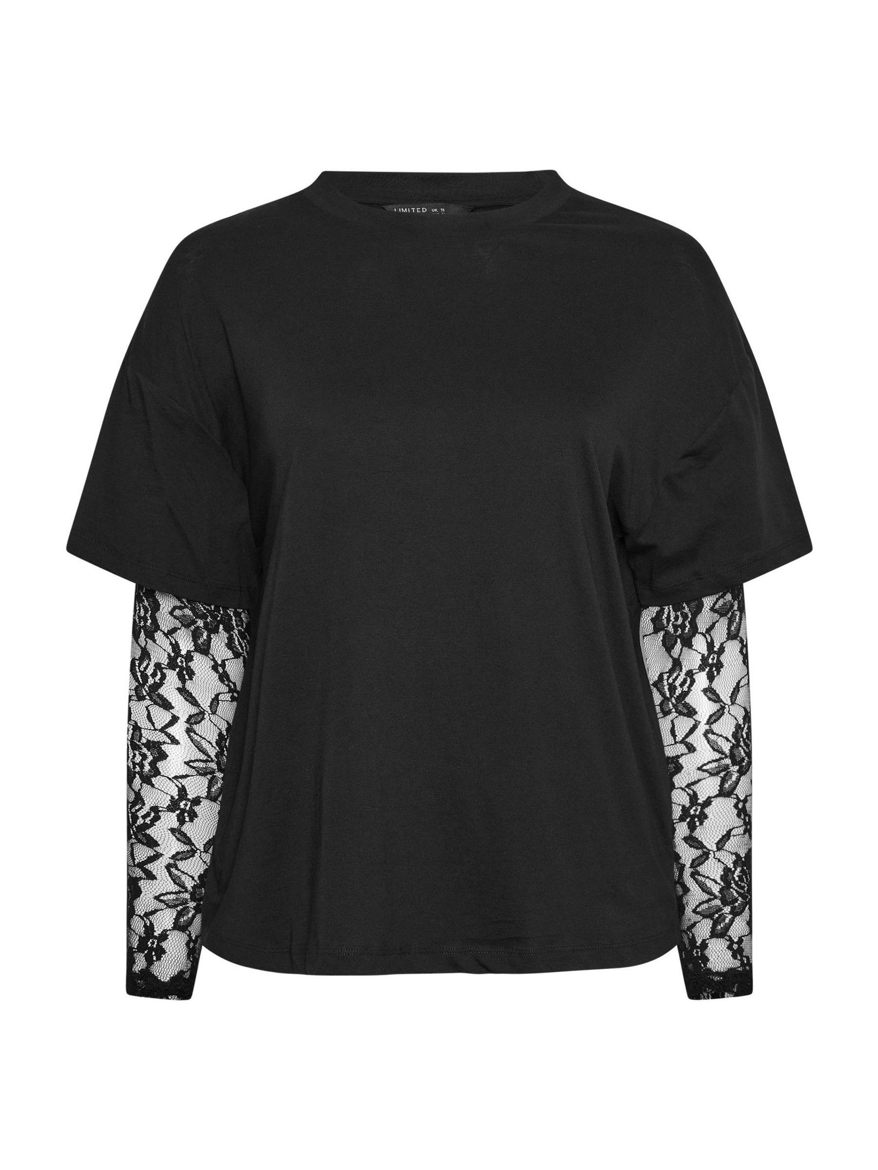 Buy Yours Curve Black Limited Lace Sleeve T-Shirt from the Next UK