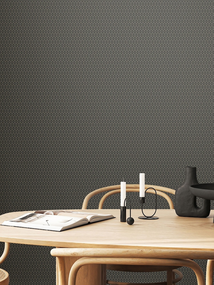 Hoopla Walls Charcoal Tiny Ogee 10M Wallpaper - Image 1 of 2 Hoopla Walls Charcoal Tiny Ogee 10M Wallpaper - Image 1 of 2