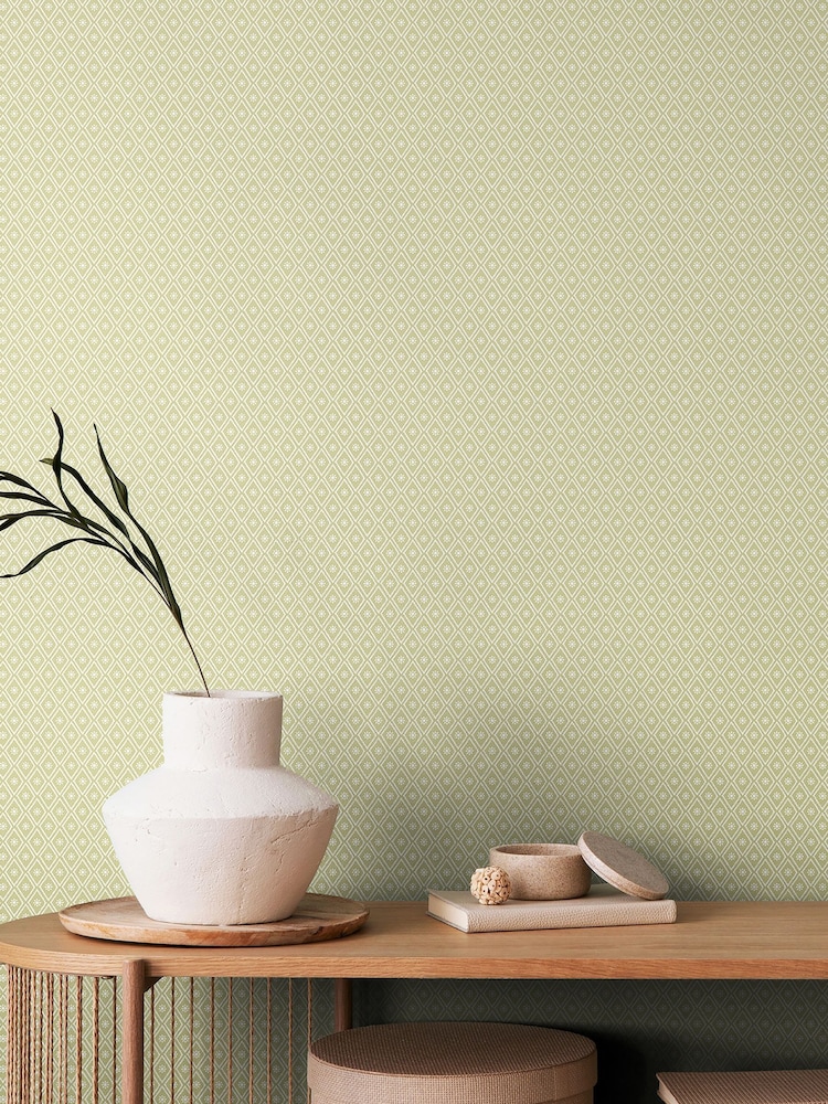 Hoopla Walls Pistachio Ditsy Diamond Blush 10M Wallpaper - Image 1 of 2