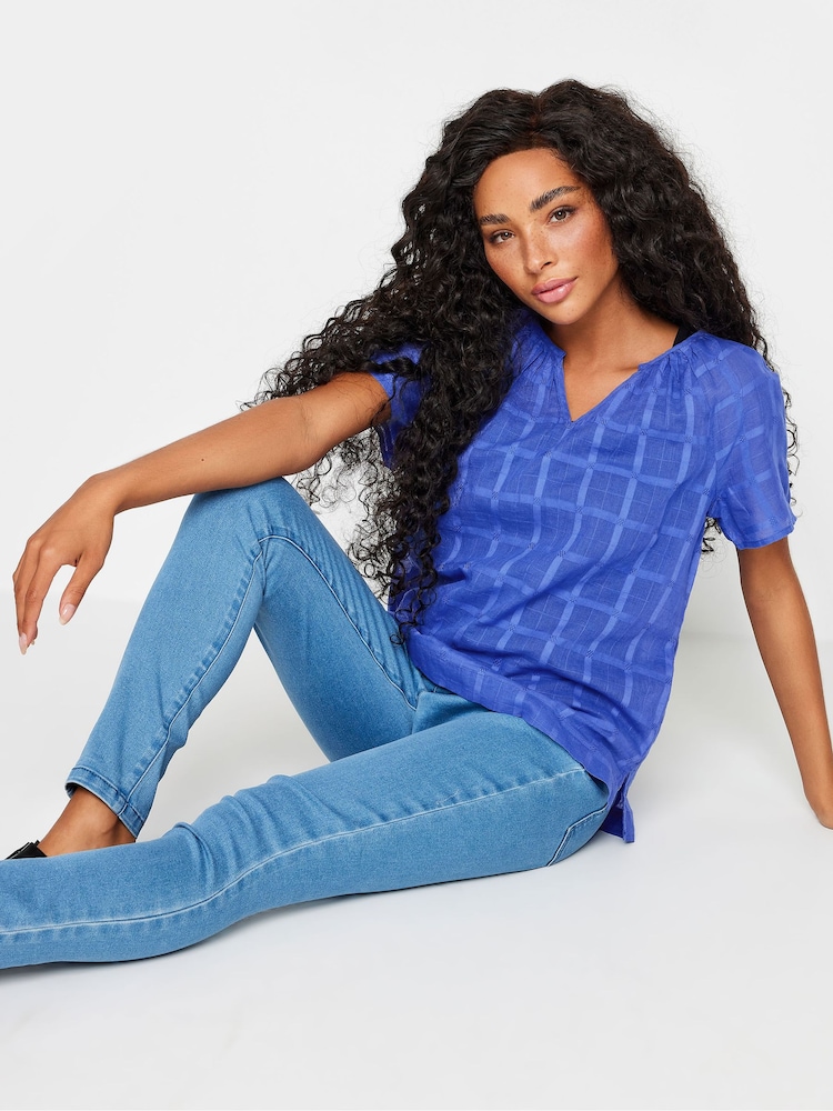 M&Co Blue 100% Cotton Notch Neck Dobby Blouse - Image 3 of 5