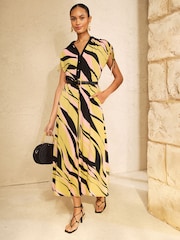 Love & Roses Lime Green Zebra Print Jersey Ruched Shoulder Belted Midi Dress - Image 1 of 4